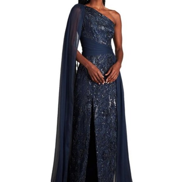 Tadashi Shoji Royal Navy Blue Cape One-Shoulder Sequin Floral Gown - Picture 1 of 6